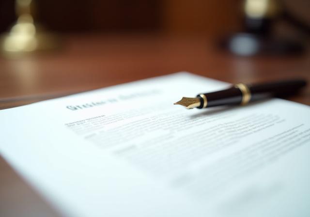 Close up of a legal document with a fountain pen