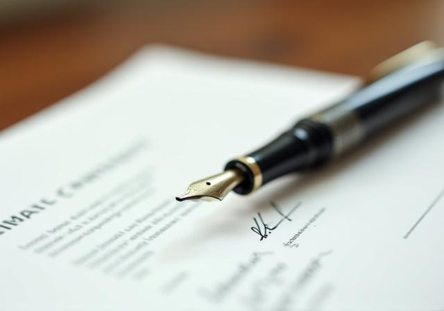 Close-up of a fountain pen and signed documents