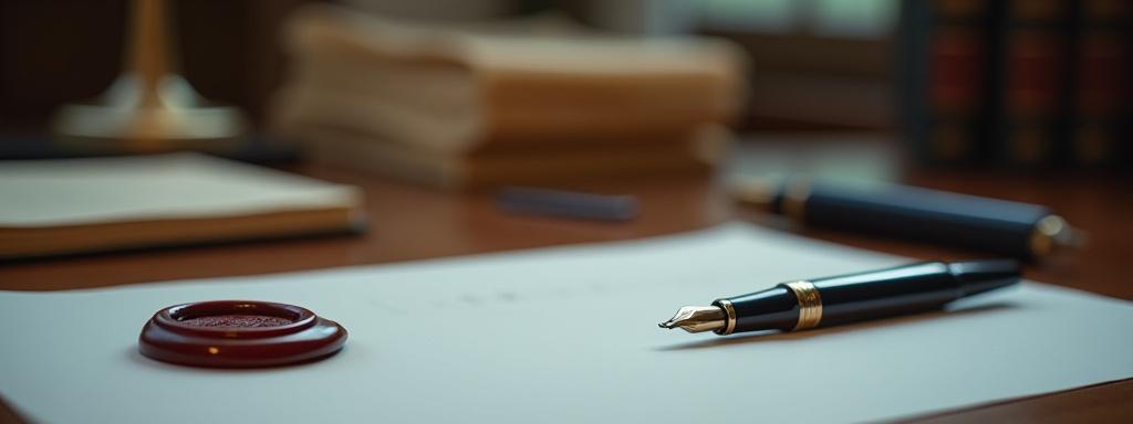 Official legal seal and fountain pen on desk